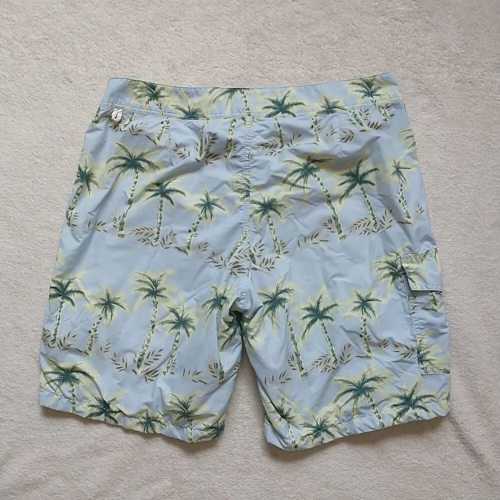 J CREW Cargo Board Shorts Mens 32 Blue Palm Trees AllOver Print Lined Drawstring